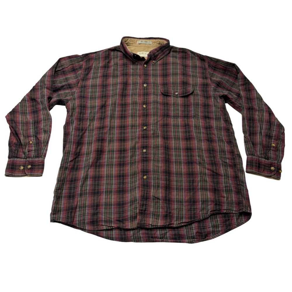 Orvis Plaid Button Down Shirt Long Sleeve Cotton Red Green Maroon Mens Large